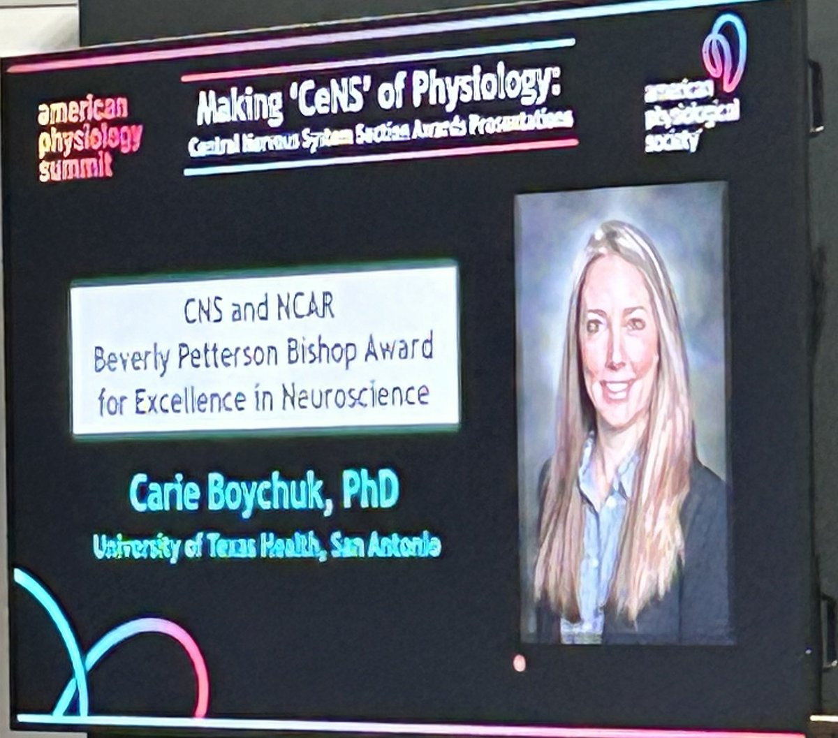 JunieWarrington's tweet photo. Dr. Carie Boychuck received the Beverly Peterson Bishop Award in #APSCNSSection. #APS2023 @APSPhysiology https://t.co/Uw3KkaHRmO