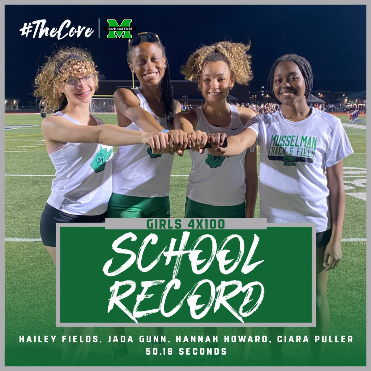 MuHSTFCC's tweet photo. ‼️ School Record ‼️

The girls 4x100 relay of Hailey Fields, Jada Gunn, Hannah Howard, and Ciara Puller broke the school record with a time of 50.18 seconds! https://t.co/hzO8BDItOF