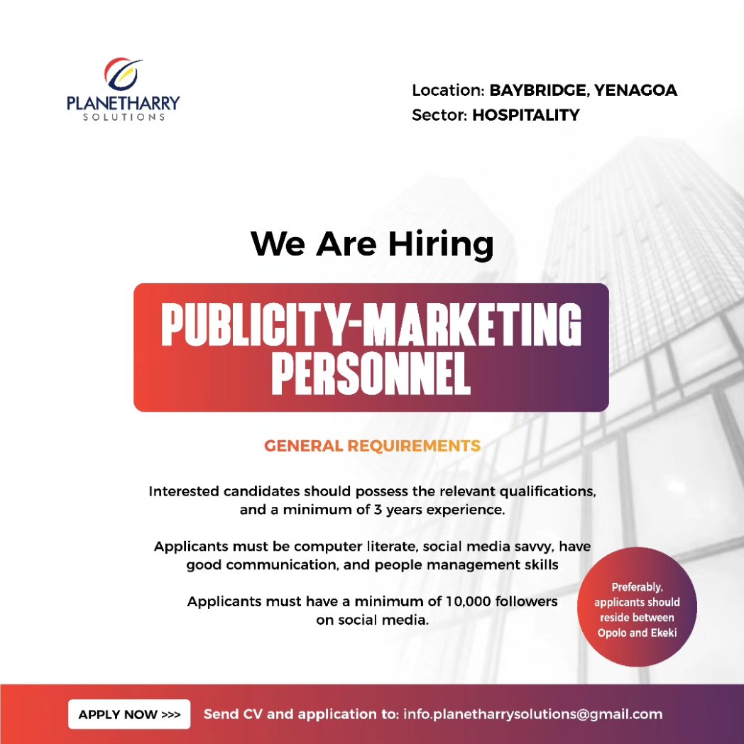 planetharryict's tweet photo. A premium food, beverage &amp; hospitality company along Baybridge in Yenagoa is recruiting to fill the positions listed below.

Interested applicants should send their CVs and applications to info.planetharrysolutions@gmail.com 

#Porbenihere #your_strategist #recruitment https://t.co/VjnLXcKi1u