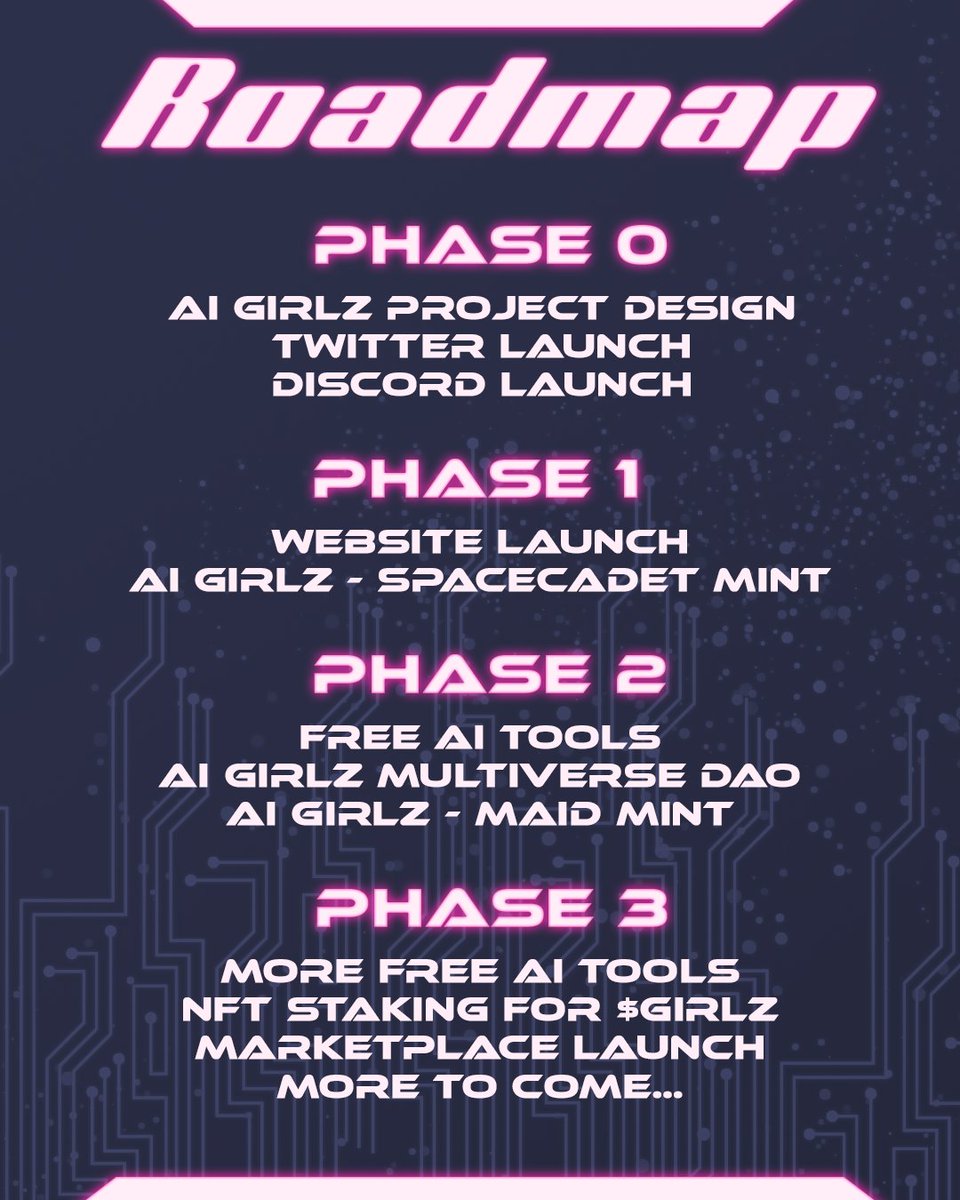 AIGirlz_nft's tweet photo. Space cadets reporting for duty 🫡
Aren’t you bullish on a roadmap like this?
Our goal is to give people free AI tools for every need 💫💫💫

Like + rt + comment to get WL
https://t.co/bN421GsM9n https://t.co/haPt9qES5Z