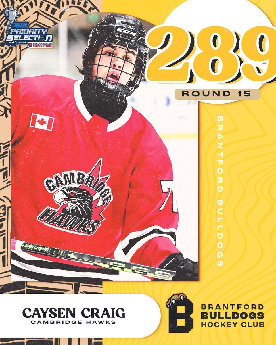 Congratulations to Caysen Craig for being drafted to <a href="/BulldogsOHL/">Brantford Bulldogs</a> !!
Way to go Caysen !!
We are proud of you !

<a href="/OHLHockey/">Ontario Hockey League</a> <a href="/CambridgeMinorH/">CambridgeMinorHockey</a>