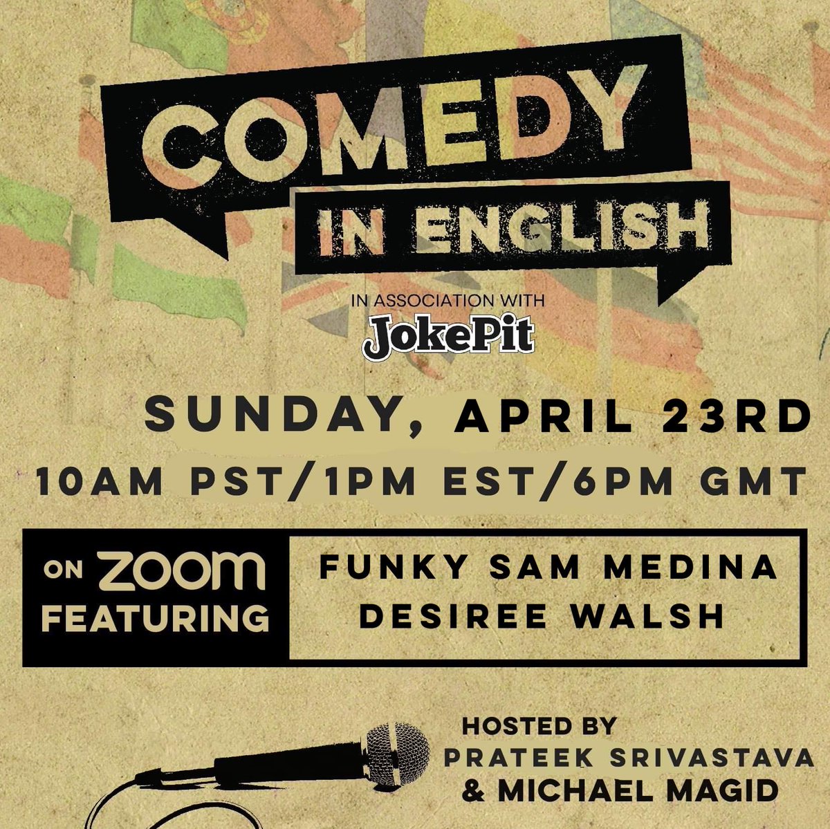 comedynenglish's tweet photo. Prev @kocomedy Virtual Shows:
@themikemaxwell's "lunch"
@UriahsFire's "town"
@michaelmagid's "knees"
Next Zoom Show Sun 4/23 10am Pacific/1pm Eastern/6pm UK w/ @DesireeLisa1983 @FunkySamMedina
FREE! (Donations Suggested) - https://t.co/qOE6nlANbF
#zoomshows #Comedyinenglish https://t.co/ExdqNs3v3j
