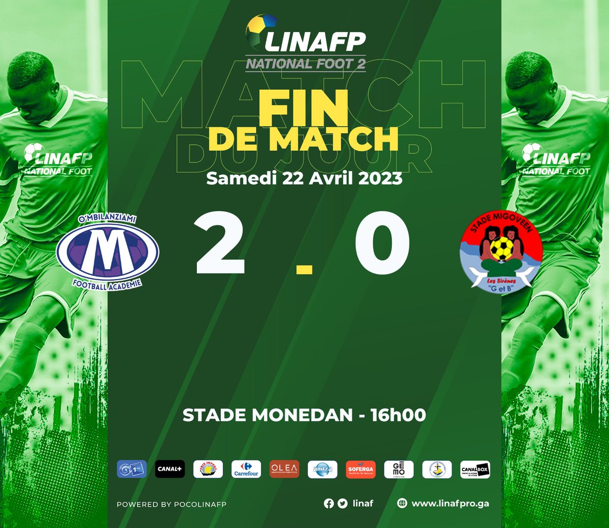 NationalFootGab's tweet photo. ⚽️ | FIN DU MATCH
O'mbilanziami se défait du Stade migovéen 2 à 0.
#OMSMG
#Gabon @FIFAcom #Linafp #NationalFoot2 #PhaseRETOUR #10emejournee #OleaInsuranceSolutions #Andza #PrixImport #Regab #Soferga @gabon1ere @CanalplusFoot @Gemo_Officiel @OPRAG_GA @canalboxcongo https://t.co/JyhxHiddYi