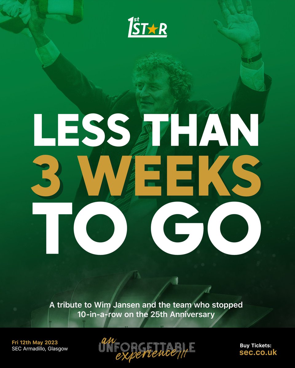 ‼️ LESS THAN 3 WEEKS TO GO ‼️ 

We have just under 3 weeks to go until the big night! We will be joined with an all-star line up of Celtic Legends interviewed by Chris Sutton. 

We still have some tickets left, so don’t delay and book your tickets now: bit.ly/3fZYoHP