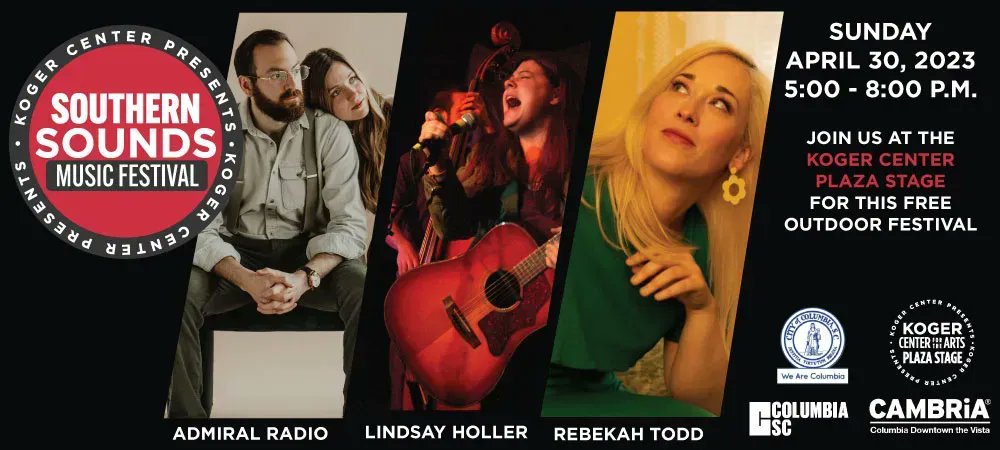We are excited to annouce the Southern Sounds Music Festival! Featuring Admiral Radio, Lindsay Holler and Rebekah Todd. Join us for this FREE festival on Sunday, April 30 at 5 p.m. on the Koger Center Plaza Stage. @ColaToday @UofSCEvents