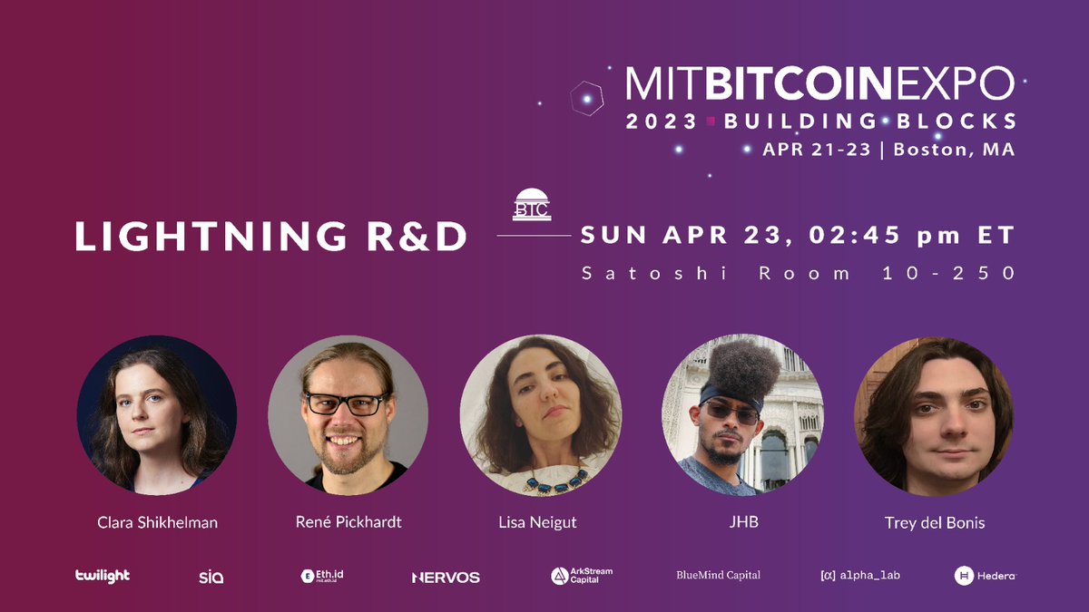 MITBitcoinClub's tweet photo. Join us at MIT Bitcoin Expo 2023 for the Lightning R&D panel with experts @ClaraShik, @renepickhardt, @niftynei, @jonhbit as they discuss the latest Lightning tech developments and its potential to scale the Bitcoin network. #LightningNetwork #MITBitcoinExpo #BitcoinScalability https://t.co/zA0v5c0k62