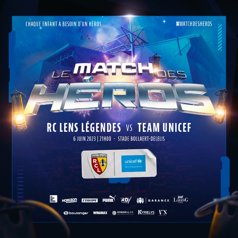 RCLens's tweet photo. Le 𝐌𝐚𝐭𝐜𝐡 𝐝𝐞𝐬 𝐇𝐞́𝐫𝐨𝐬 🦸‍♂️ débarque à Bollaert pour les 25 ans du titre 🏟️

📆 6 juin à 21h
RC Lens Légendes 🆚 Team UNICEF
Au profit de l'@UNICEF_france et du #RacingCoeurDeLens

 ℹ️ https://t.co/7lktUY1nMb

#MatchDesHéros #JouonsLaCollectif