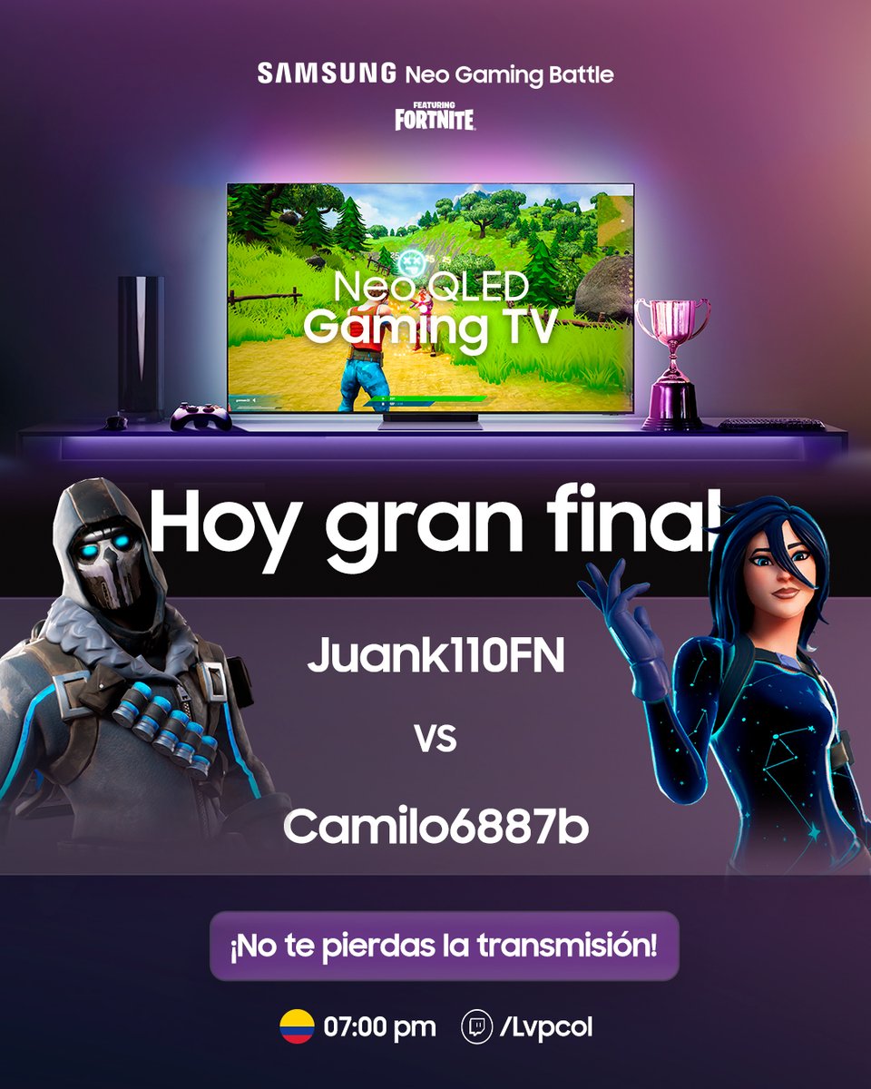 ¡Conéctate hoy a la Gran Final del #SamsungNeoGamingBattle y descubre al ganador de este épico torneo de Fortnite traído por <a href="/SamsungCO/">Samsung Colombia</a> 🔥🏆!

twitch.tv/lvpcol 📺
07:00 PM 🇨🇴

¡Te esperamos 😉!

#LVPcol