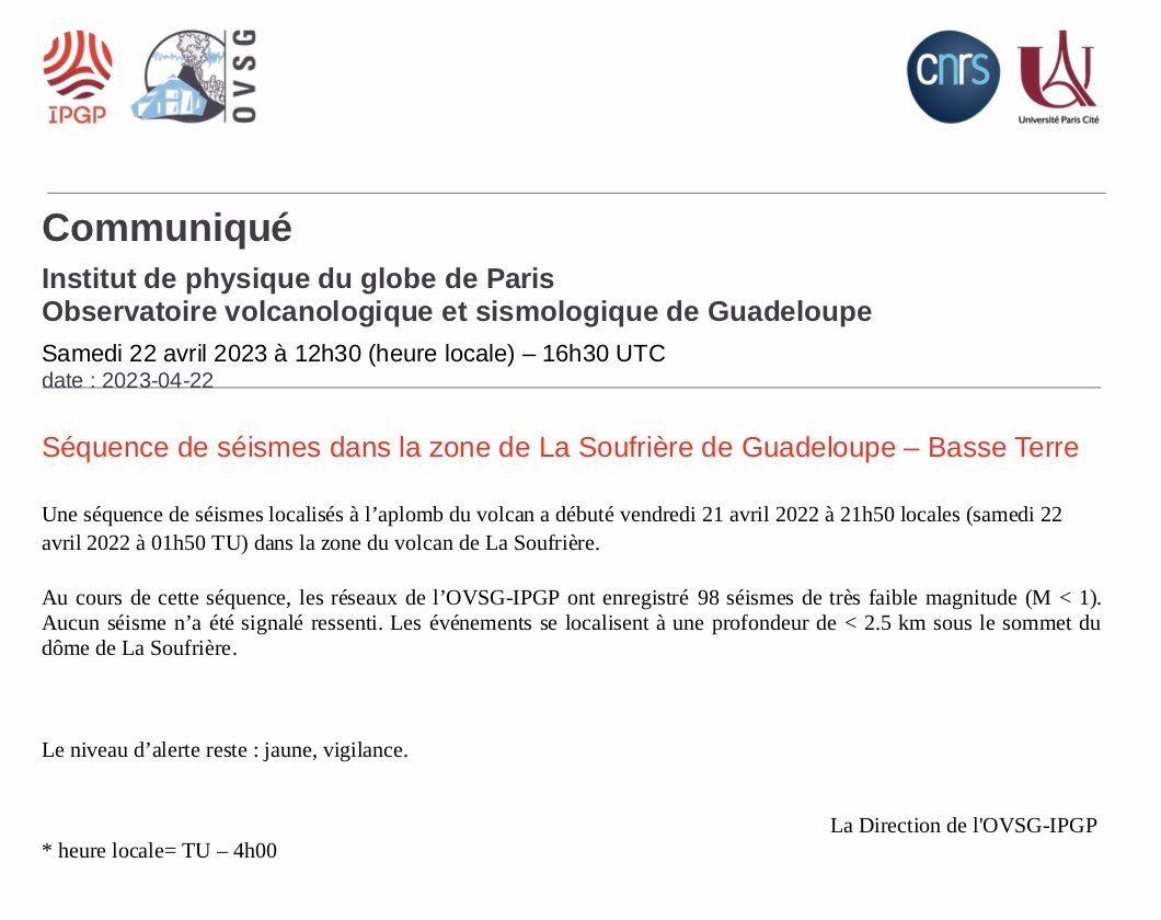 ObsGuadeloupe's tweet photo. Une séquence de séismes volcaniques a débuté vendredi 21 avril à 21h50, dans la zone du volcan de La Soufrière: 
➡ 98 séismes 
➡ Très faible magnitude (M < 1) 
➡ Aucun séisme ressenti https://t.co/EQPhwxKaB2