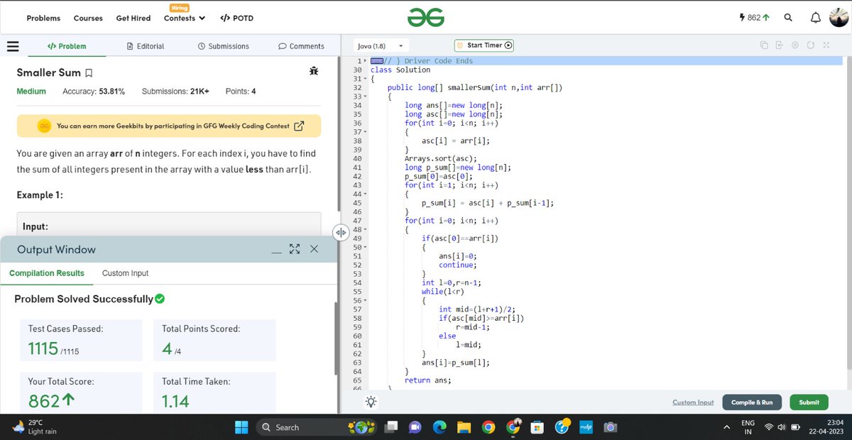 codewithsep's tweet image. Hello Folks,
I have completed #Day18 of #25 Days of Code Program with
@scaler_official
Today's question - Smaller Sum in geeksforgeeks
Discord Community: discord.gg/scaler
Partner: Shiva Kumar#7768
#scalerdiscord #codewithscaler #scaleracademy #scaler25doc