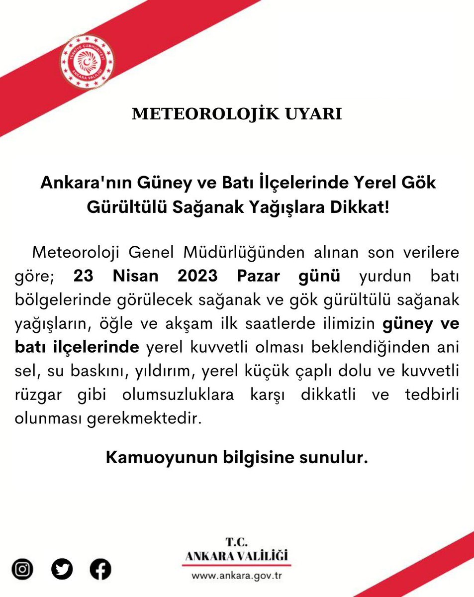 AnkaraValiligi's tweet photo. Meteoroloji Genel Müdürlüğünden alınan son verilere göre; 
                        ⤵️ https://t.co/1bepuBumlg