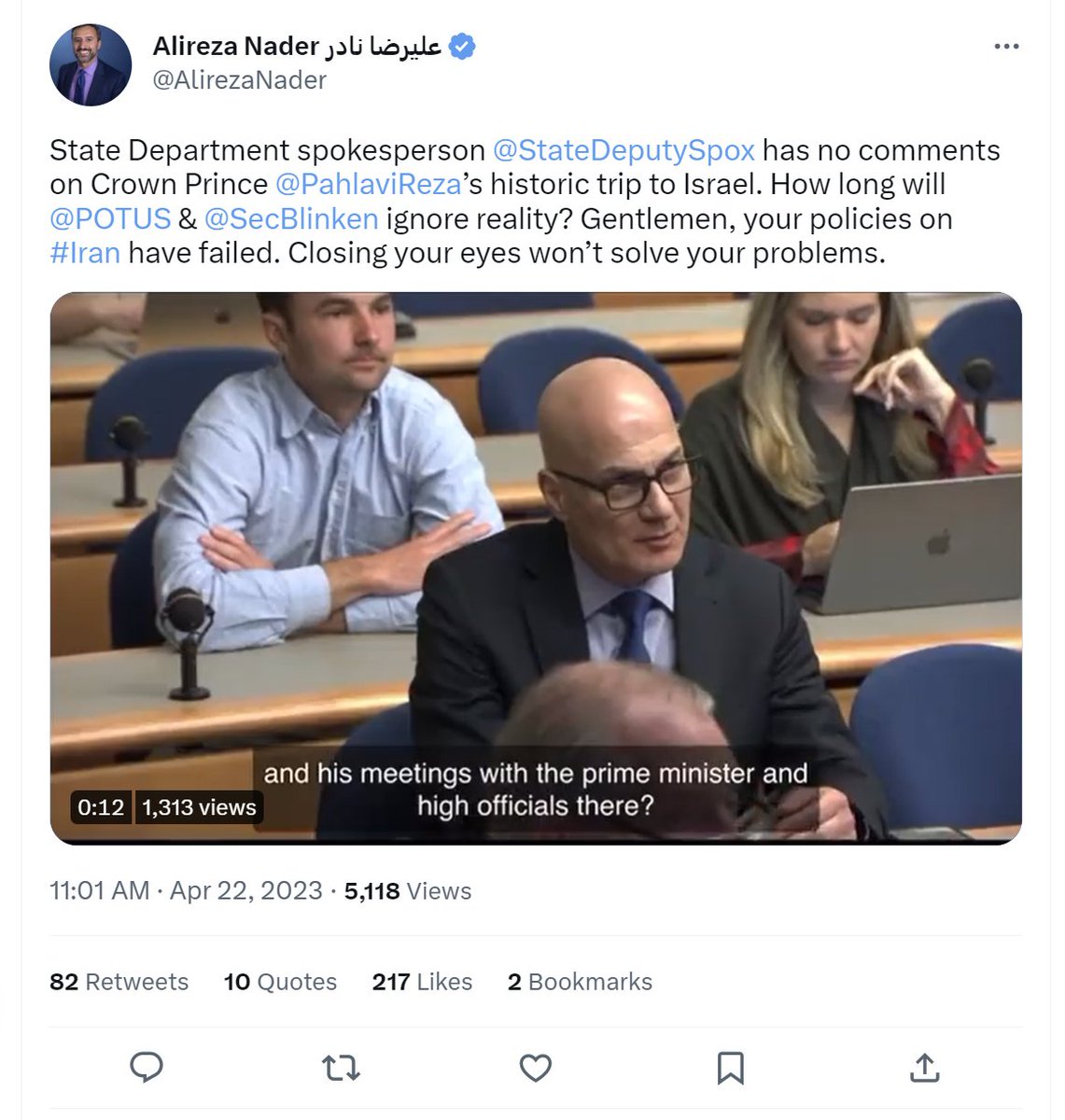 TigerBob49's tweet photo. Hey, @ellagirwin: Please look into @AlirezaNader's account

He is spamming @StateDeptSpox &amp; @SecBlinken by tagging their accounts.. then inauthentic accounts drive notifications each time his tweet is retweeted and/or liked (i.e. artificial amplification) https://t.co/5w8lrcMQ0J https://t.co/FI0z5isC05