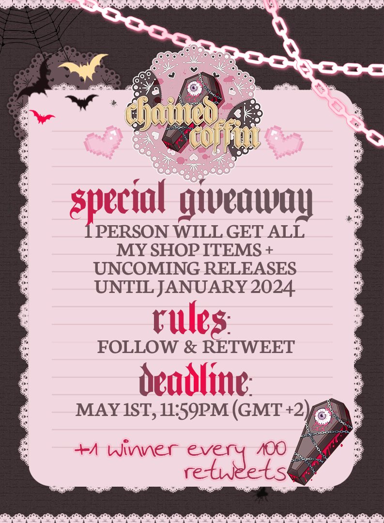 noroi_mii's tweet photo. ⚰️ ᴄʜᴀɪɴᴇᴅ ᴄᴏꜰꜰɪɴ ꜱᴘᴇᴄɪᴀʟ ɢɪᴠᴇᴀᴡᴀʏ ⚰️
1 person will get all my shops item AND the upcoming releases until january 2024 for free!

⚰️ ʀᴜʟᴇꜱ ⚰️ 
FOLLOW + RETWEET, no giveaway accounts!
+1 winner every 100 retweets!
⚰️ ᴅᴇᴀᴅʟɪɴᴇ ⚰️
MAY 1ST 11:59PM (GMT+2) https://t.co/liQwez3eL0