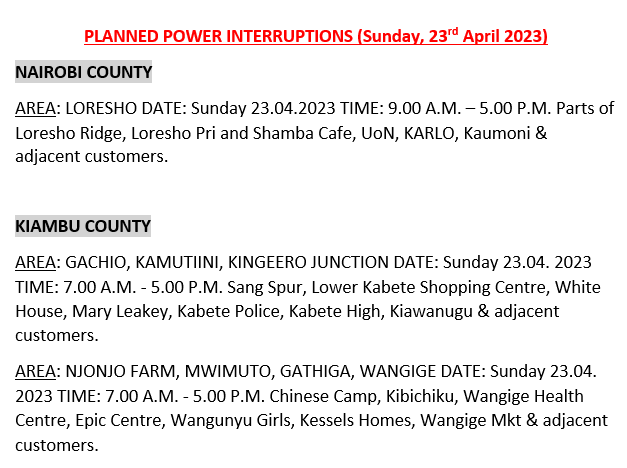 KenyaPower_Care's tweet photo. Hello, these areas will be affected by scheduled power interruptions tomorrow: ^BT https://t.co/cC2IqoNugo