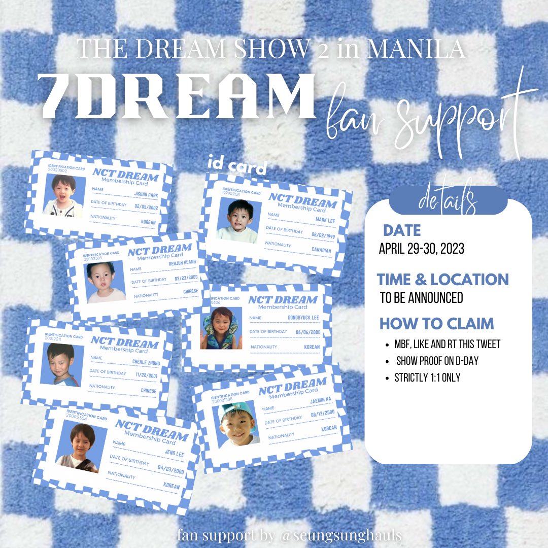 seungsunghauls's tweet photo. 𓂋 NCT DREAM Membership Card . . . 🎟️
⤷ 7dream tds2 fan support ☻

… choose only (1) member
… mbf , like, and rt
… strictly 1:1 only
… limited qty 
… open for donations

#NCTDREAM #TDS2inMNL #THEDREAMSHOW2_in_MANILA https://t.co/2qbsCbIrln