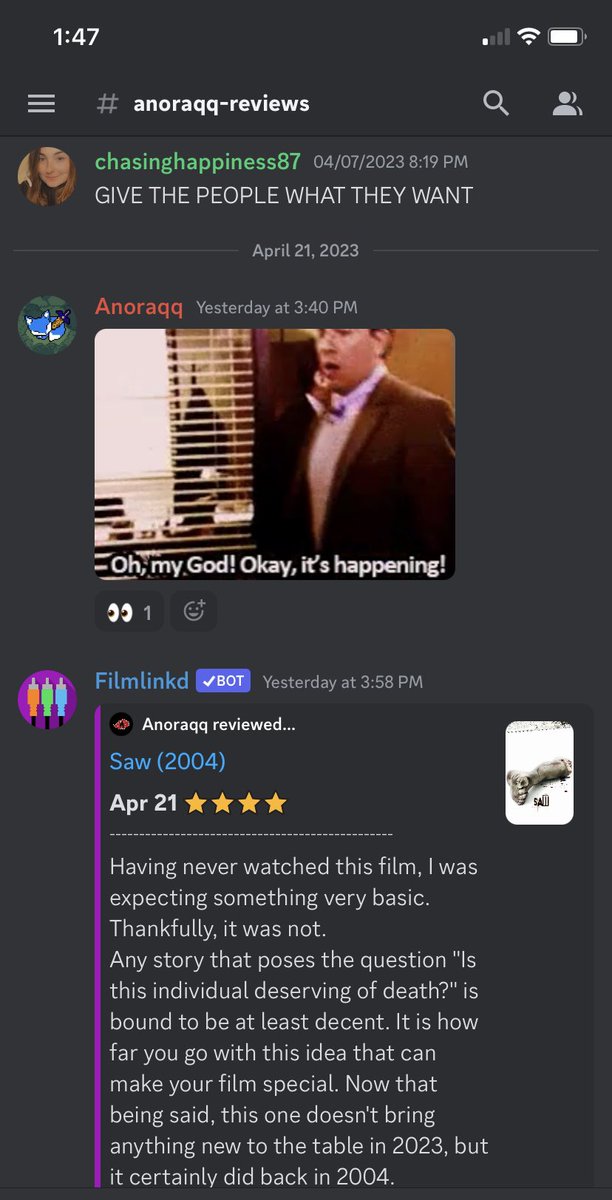 chasinghappy87's tweet photo. WE DID IT FOLKS 😭 The rest of 2023 doesn’t matter because @Anoraqq_TTV finally watched Saw 😭🙌🏻 https://t.co/XfE0fFYe4Z