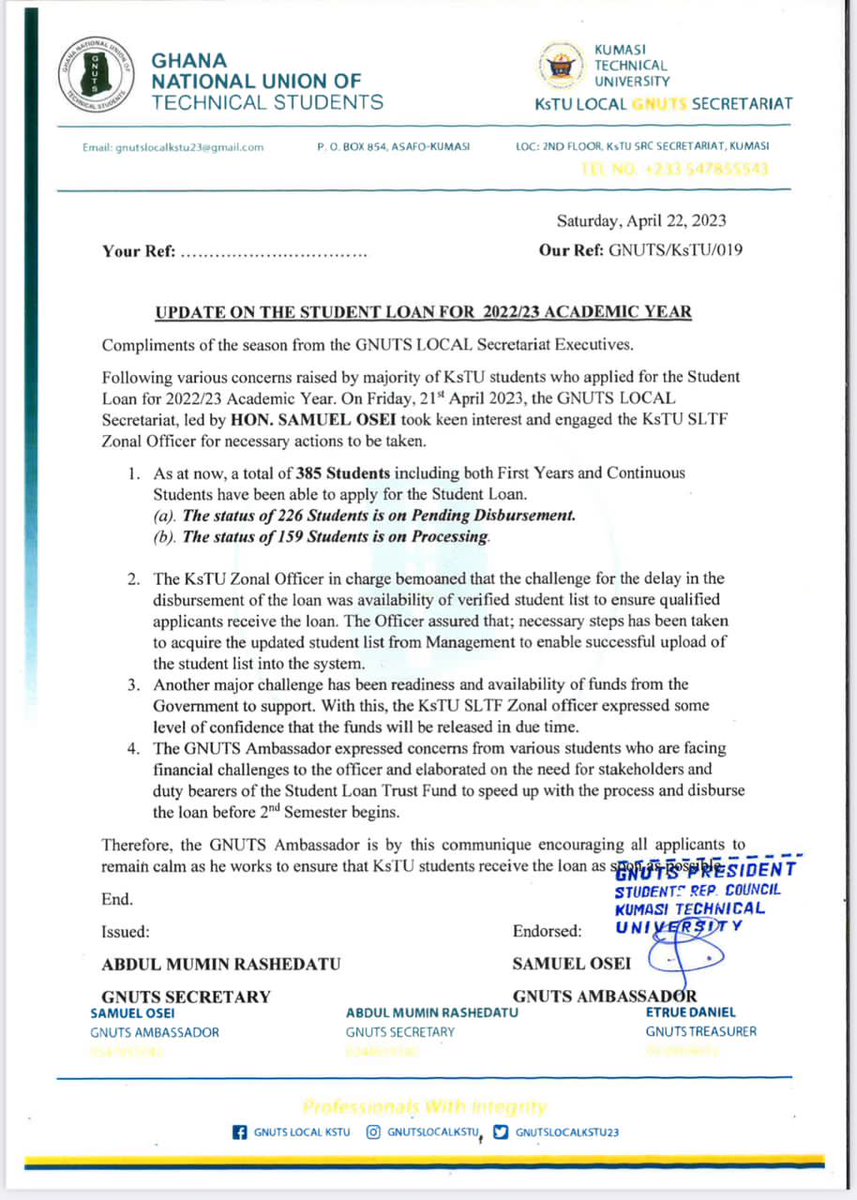 MasoneryO's tweet photo. GNUTS KsTU LOCAL SECRETARIAT

UPDATE ON STUDENT LOAN 2022/23..
..
..
#ProfessionalsWithIntegrity 
#MakingGNUTSwork4U https://t.co/izZIoxqpXv