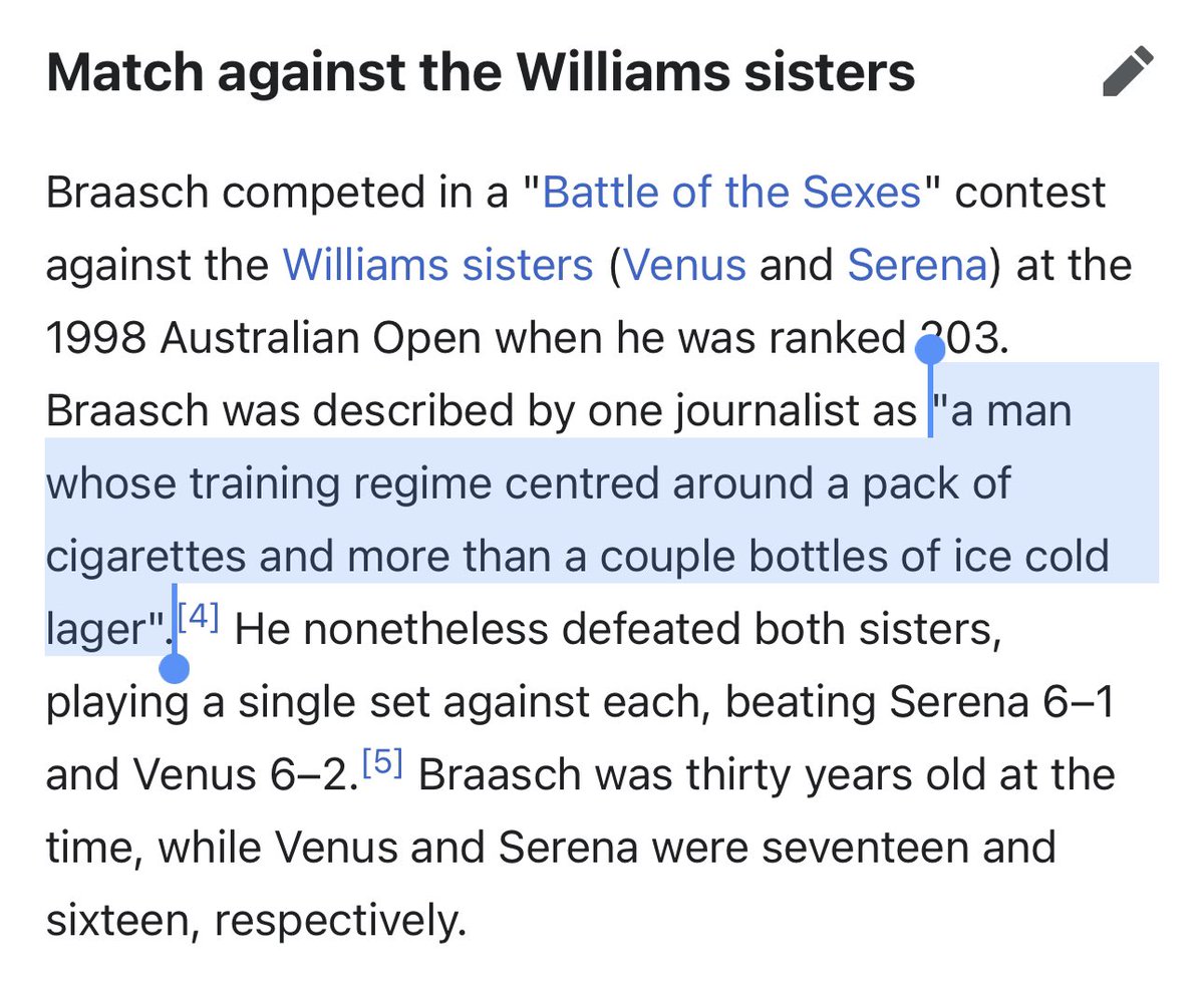 The average man couldn’t beat Serena Williams at tennis. But Karsten Braasch, a mediocre professional tennis player, beat both sisters back to back in 1998. He was ranked 203rd at the time and was known for his love of drinking and smoking. Sexual differences are real.