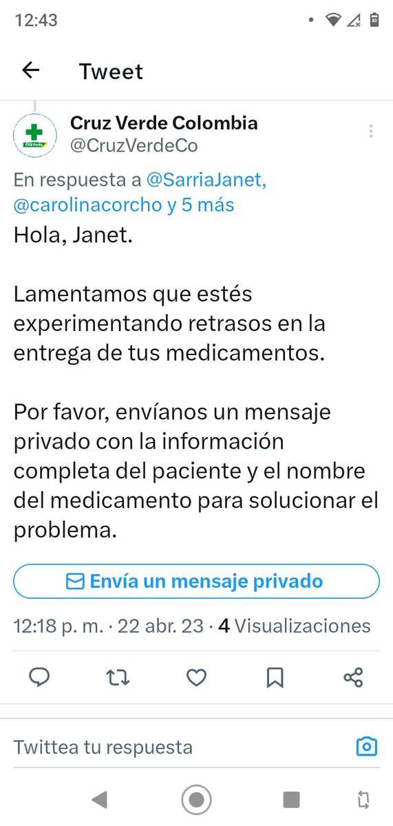 SarriaJanet's tweet photo. @CruzVerdeCo @carolinacorcho @ulahybeltran @Eps_Sos @personeriacali @Servientrega_ms @CMILANOTICIA @CruzVerdeCo  envolata la respuesta sobre la entrega de mi medicamento a un transportador quien ahora no responde. Antes evedisa ahora cruz verde. Que suplicio. https://t.co/68o1pRZrmA
