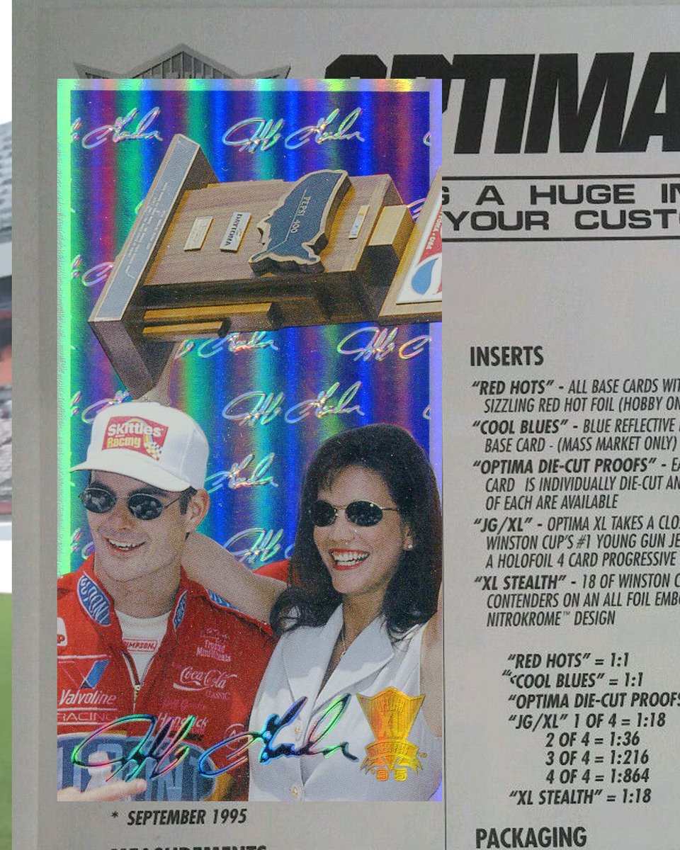 NascardRadio's tweet photo. Super excited to add this 1995 Jeff Gordon Optima XL #4 insert card to the collection. card number 4 was seeded 1 per every other CASE (1 per 864 packs). Got it at auction for $6 delivered. #ItsShiny #thehobby #TradingCards @kingnascar https://t.co/nuVZScmevN
