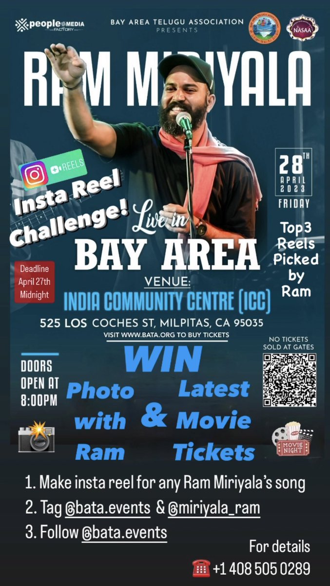 BataEvents's tweet photo. 📣 📣 WIN A PICTURE WITH RAM MIRIYALA &amp; LATEST MOVIE TICKERS at BATA’s Ram Miriyala’s live in concert on April 28th? 
Great opportunity to all peeps dreaming, dancing &amp; reeling on instagram! Open your instagram and get set reel 🎥🎥📣📣 
Get tickets now 👉https://t.co/mjdIEykKi4 https://t.co/dUiso4lMBs