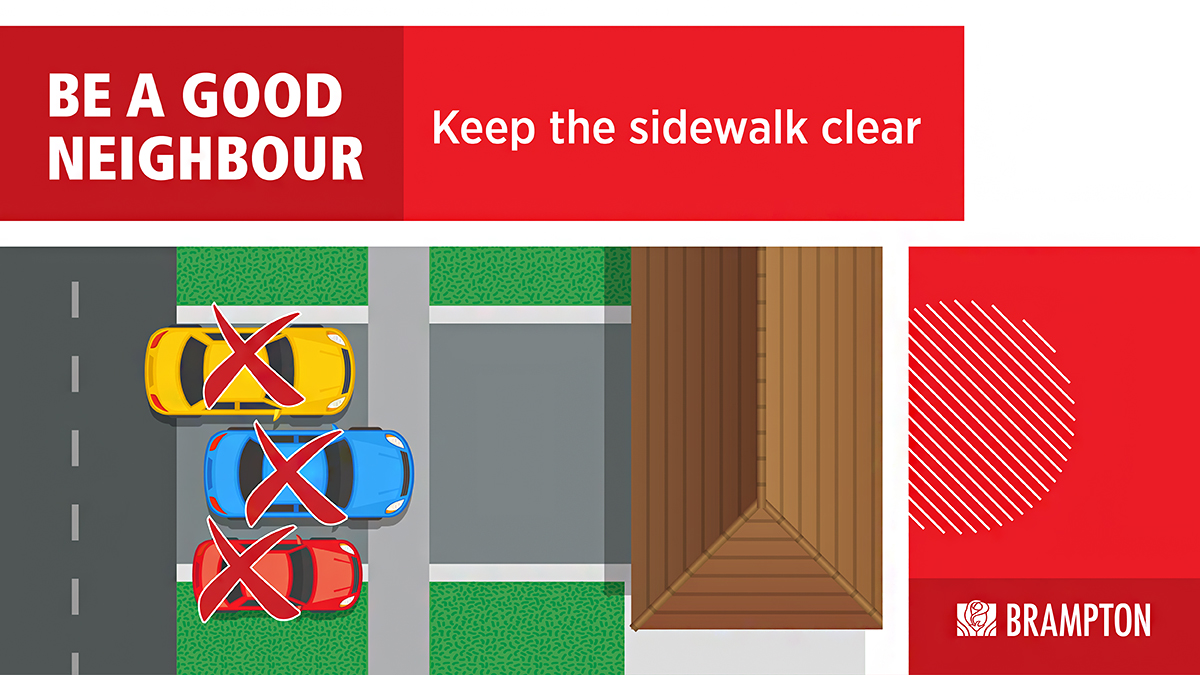 CityBrampton's tweet photo. No portion of a vehicle can overhang onto the sidewalk or obstruct any part of the sidewalk. Sidewalks must always remain clear to allow for strollers, children and individuals requiring an assistive device.

Learn more 🔗: https://t.co/LxIppYqJhZ https://t.co/djXd29nUei