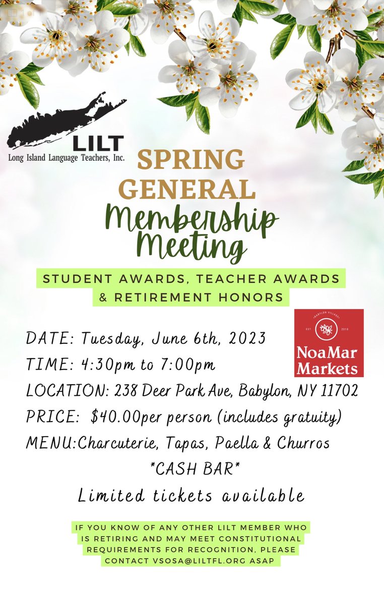 LILTFLTEACHERS's tweet photo. There is still time to register for our Spring General Membership Meeting at Noa Mar Markets! But hurry! Limited space is available. Don’t miss out on a great way to close out this school year! Visit our website to register now. We hope to see you there! https://t.co/6R324EhFbj