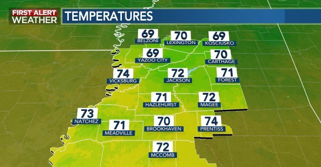 PatrickEllisWx's tweet photo. Here's a look at afternoon temperatures across central Misssissippi. #mswx #firstalertms https://t.co/c6io8Gh2I0