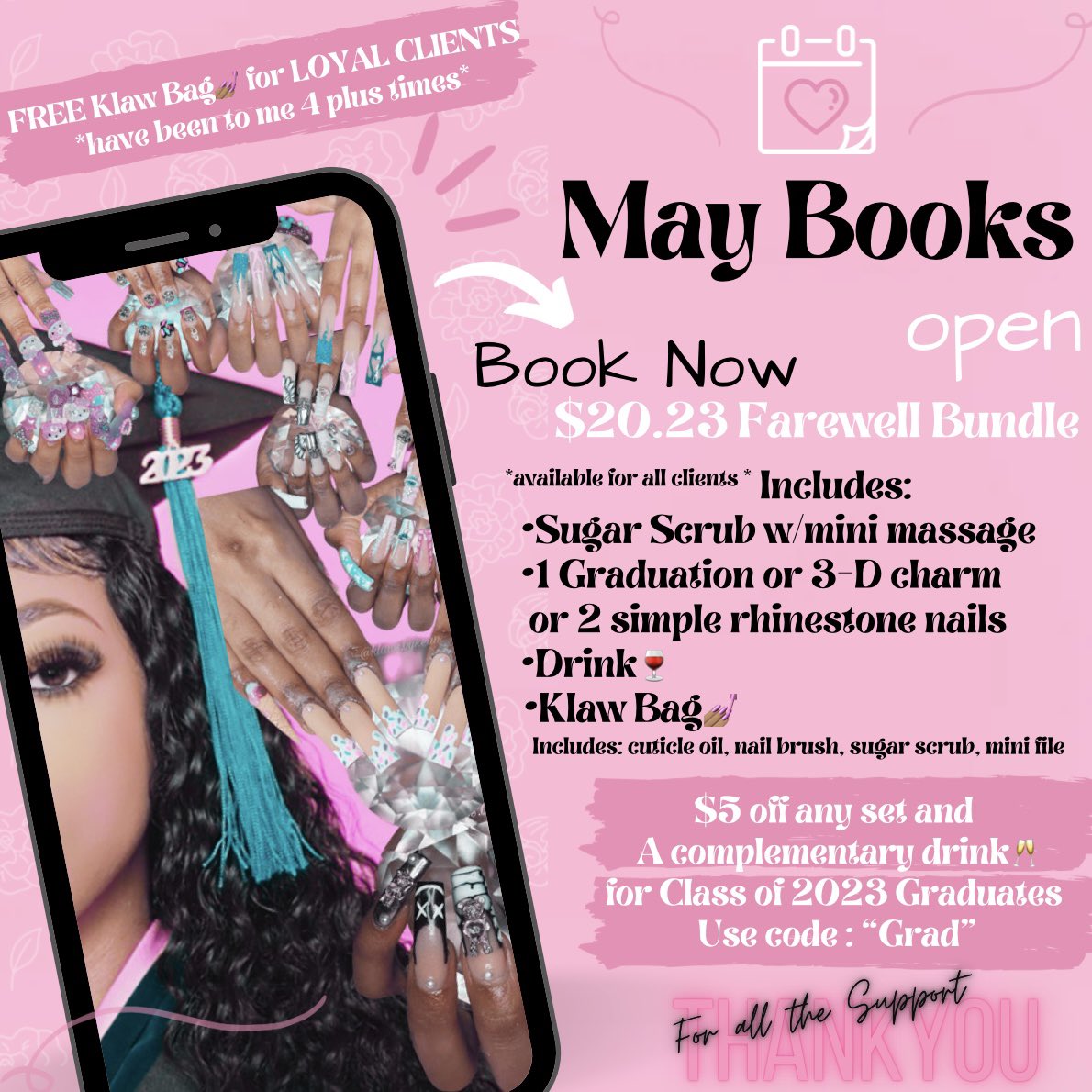 MAY BOOKING IS OPEN🥳💅🏽
I will be graduating from XULA👩🏽‍🎓in May.🚨 This is YOUR LAST CHANCE to get KLAWEDBYKENN 💅🏽💖.Thank you all the support over the years😘! You can always dm for squeeze ins🫶🏽 
Book 💅🏽👇🏽
KlawedByKenn.as.me

#xulanailtech #xula23 #xula24 #xula25 #xula26