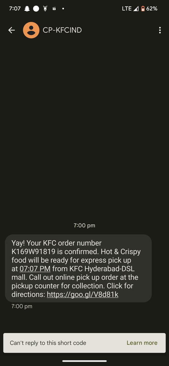 madaanudeep's tweet photo. @KFC_India the order was placed at 7:00pm as per the promise the order was supposed to deliver at 7:07. 

Now I received a message says that order is ready for pickup. But the order is where for pick up.

What kind of fake promose is this and service https://t.co/QptayCFL7I