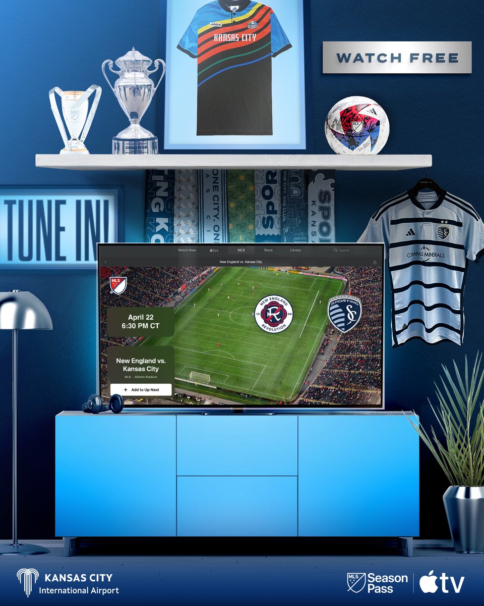 SportingKC's tweet photo. #NEvSKC is 𝐟𝐫𝐞𝐞 tonight on @AppleTV ⤵️

🕡 6:30 PM CT
🖥️ #MLSSeasonPass 👉 https://t.co/1NBAn4XeoZ
🎧 @SportsRadio810 (ENG)
🎧 @lagrande1340 (SPA)
📲 #SportingKC App

#SportingKC | @Fly_KansasCity https://t.co/wwVEeuE9zS