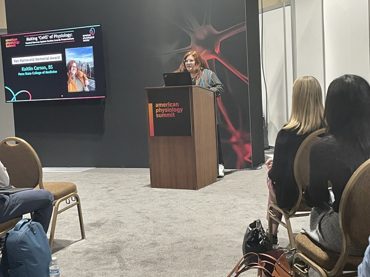 Congratulations to <a href="/KaitlinECarson/">Kaitlin Carson</a> from Penn State College of Medicine on receiving the Van Harreveld Award from
the #APSCNSSectipn <a href="/JNeurophysiol/">JNP</a> <a href="/APSPhysiology/">American Physiological Society</a> #APS2023