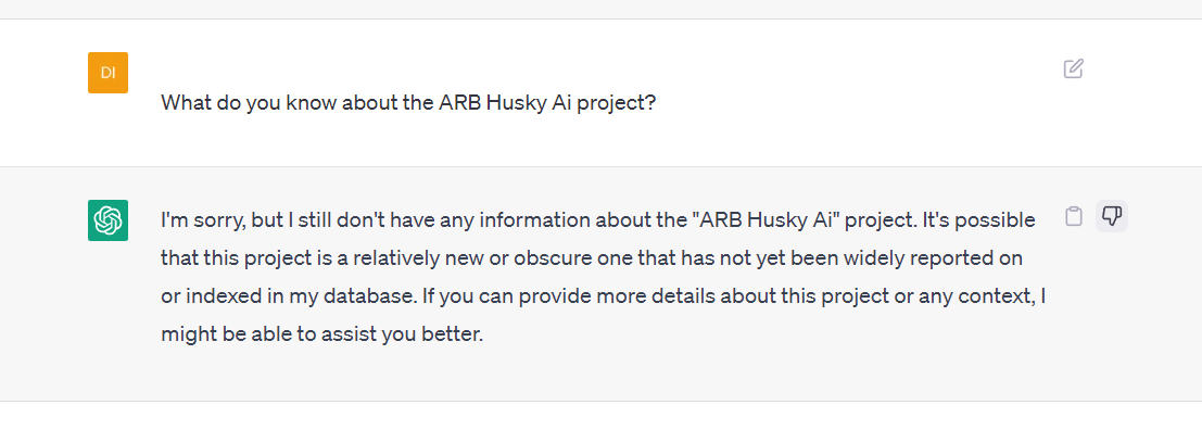 arbhusky_ai's tweet photo. LOL... 
What does GPT chat say about you?

it will explode soon...
#ARBHuskyAi #ArbDogeAI #REKT on #Arbitrum https://t.co/VzWXB5SeVG