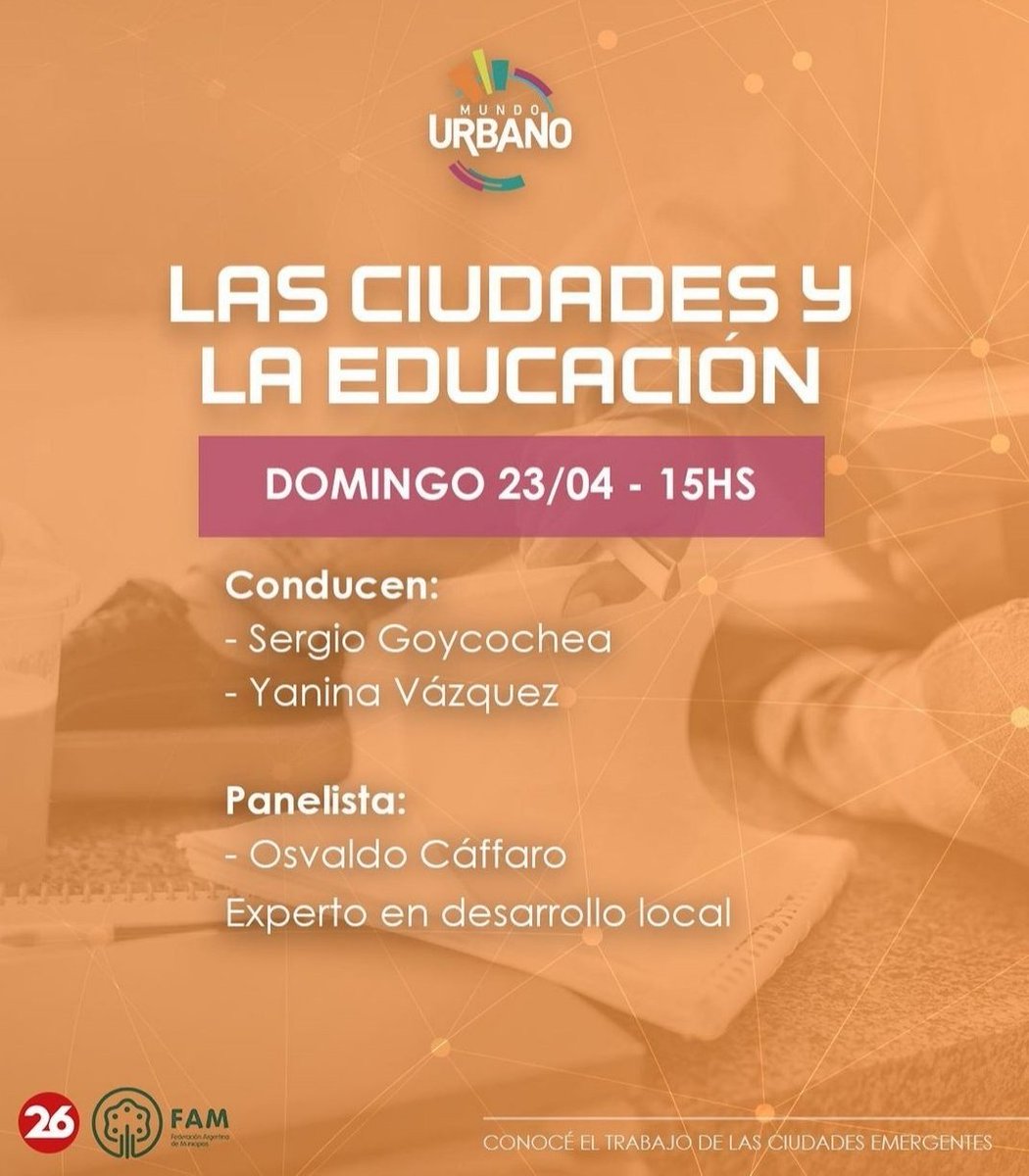 📺 Este Domingo 23 de Abril a las 15hs #MundoUrbano por <a href="/canal26noticias/">CANAL 26</a>.

🔸 Único programa de televisión que expone el trabajo de ciudades emergentes.

El #tema de este Domingo : Las Ciudades y La Educación.

<a href="/FAM_Argentina/">Fed Arg Municipios</a>