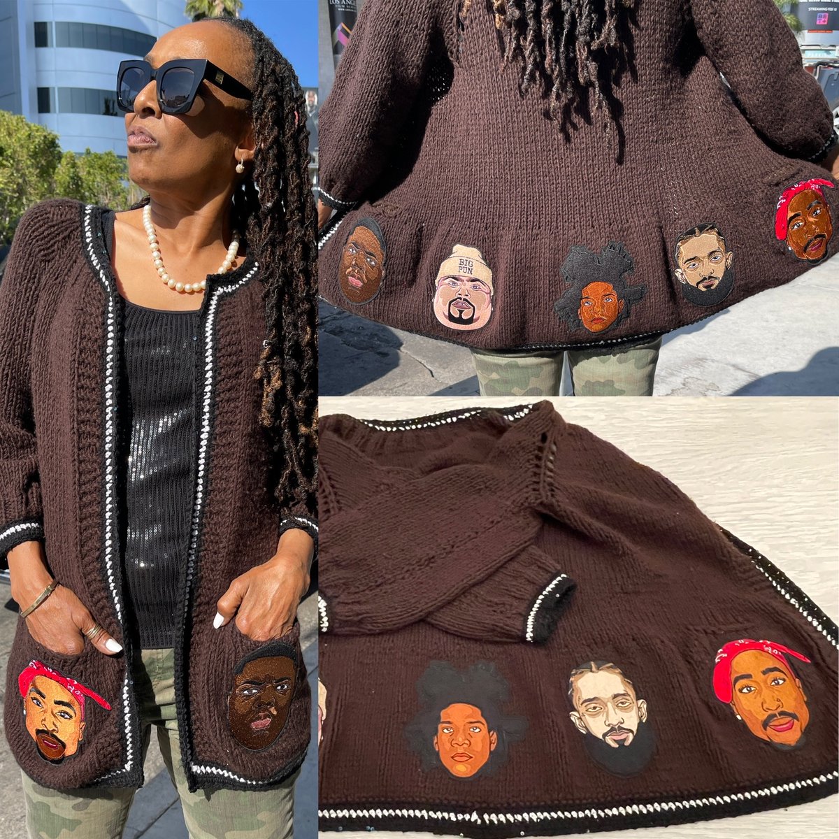 .#Knitting is my passion! My latest #siedahcreations is a hand-knitted & crocheted cashmere sweater paying homage to these deceased giants of black culture, #tupacshakur, #notoriousbig, #bigpun, #nipseyhustle & #jeanmichelbasquiat.
I call it my R. I.P. (rap, ink, paint) cardigan.
