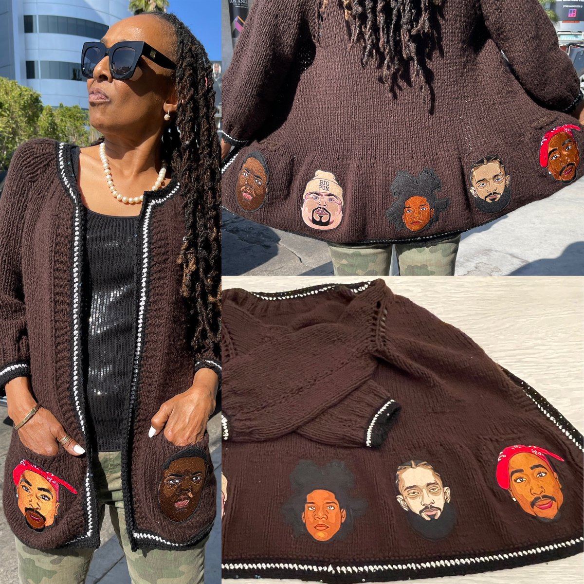 SIEDAHGARRETT's tweet photo. .#Knitting is my passion! My latest #siedahcreations is a hand-knitted &amp; crocheted cashmere sweater paying homage to these deceased giants of black culture, #tupacshakur, #notoriousbig, #bigpun, #nipseyhustle &amp; #jeanmichelbasquiat.
I call it my R. I.P. (rap, ink, paint) cardigan. https://t.co/qEvRs4DlVQ