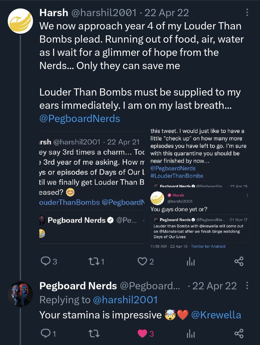harshil2001's tweet photo. Anniversary year #5 of asking @PegboardNerds &amp; @Krewella to finally release 'Louder Than Bombs'...

@Darlington you've said in the past you will devote your life to the release of this record. It's about time don't you think? 🙃 https://t.co/aBXJDihaWk