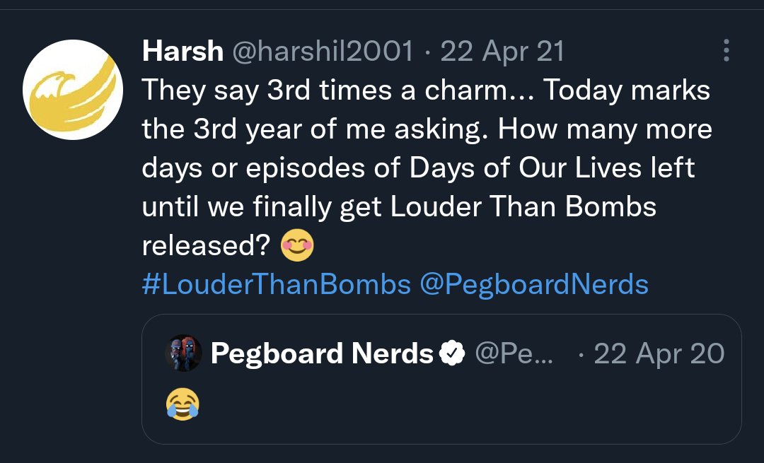 harshil2001's tweet photo. Anniversary year #5 of asking @PegboardNerds &amp; @Krewella to finally release 'Louder Than Bombs'...

@Darlington you've said in the past you will devote your life to the release of this record. It's about time don't you think? 🙃 https://t.co/aBXJDihaWk