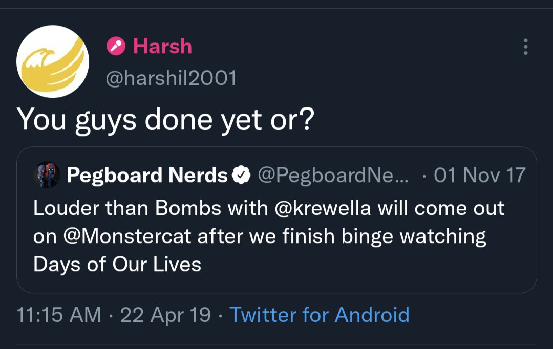 harshil2001's tweet photo. Anniversary year #5 of asking @PegboardNerds &amp; @Krewella to finally release 'Louder Than Bombs'...

@Darlington you've said in the past you will devote your life to the release of this record. It's about time don't you think? 🙃 https://t.co/aBXJDihaWk