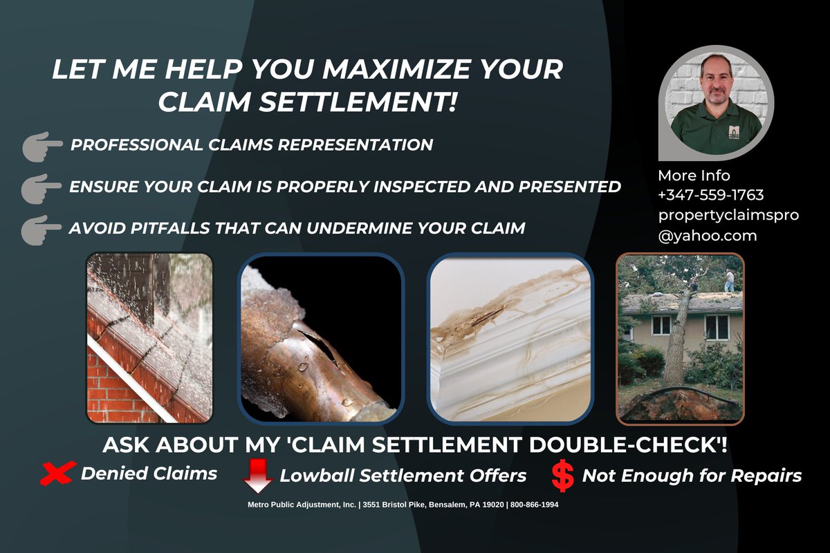 PropertyClmPro's tweet photo. Don't make the mistake of handling your claim on your own. Get the professional representation you need to maximize your settlement! 🏘️🏡🏠https://t.co/dtkKPA4vfq
#insuranceclaimhelp #insuranceclaim #insurance #homeowner #propertydamage #waterdamage #mold #roof #hail #fire #smoke https://t.co/380qDwWGF1