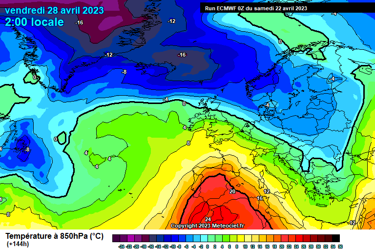 meteo_aragon's tweet photo. Como adelantábamos ayer, esta próxima semana esperamos todavía temperaturas mucho más altas que estos días atrás, a causa de la entrada de una masa de aire cálido, que nos dejara temperaturas que podrán rozar los 35ºC. Temperatura prevista a 850 hPa para el viernes: https://t.co/9FhJO1mrGs