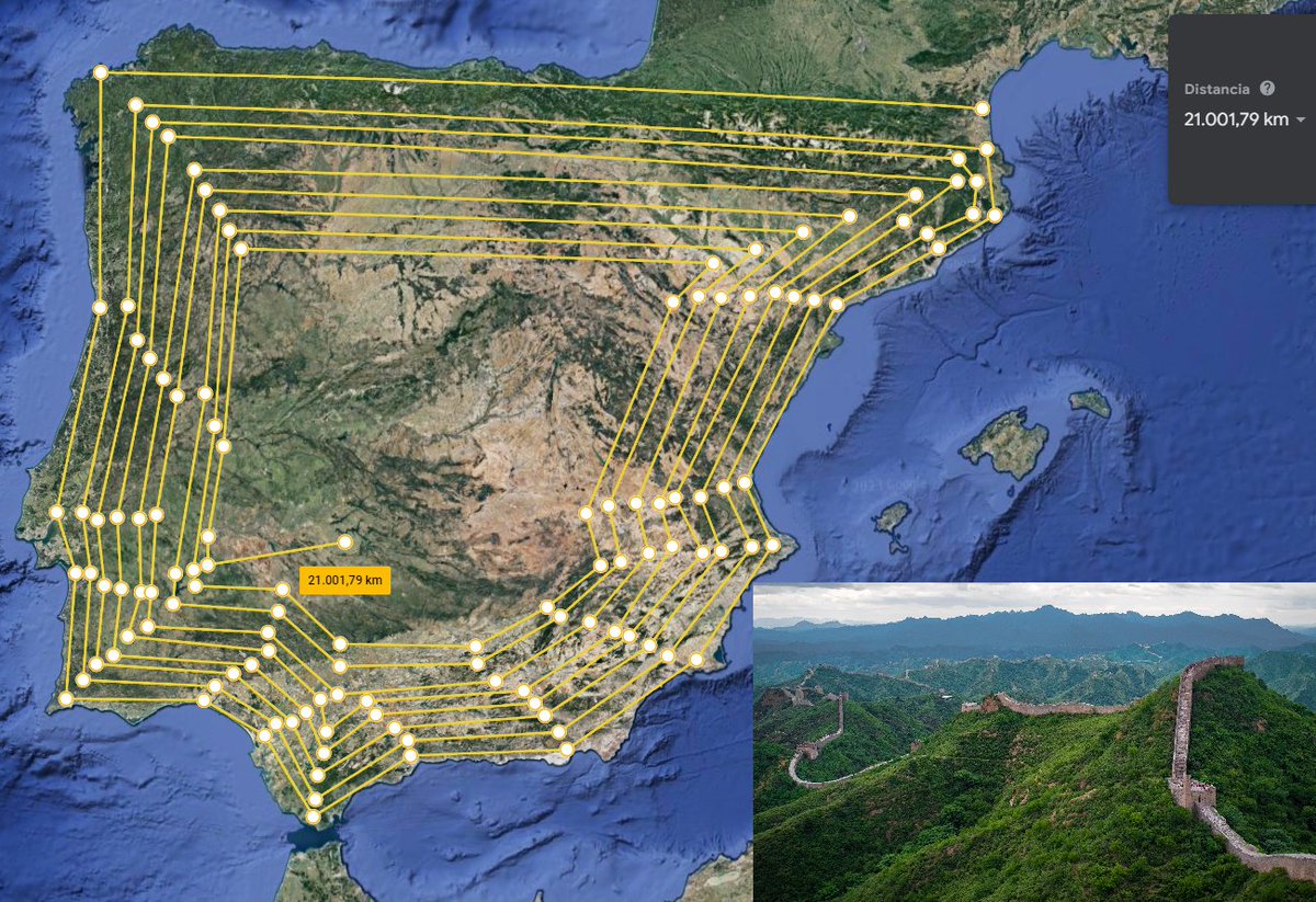 Para que os hagáis una idea de la longitud de la Gran Muralla China, tiene unos 21.196 km de largo. Si la trasladásemos a la península ibérica ocuparía todo esto, y algún km más que me he dejado.