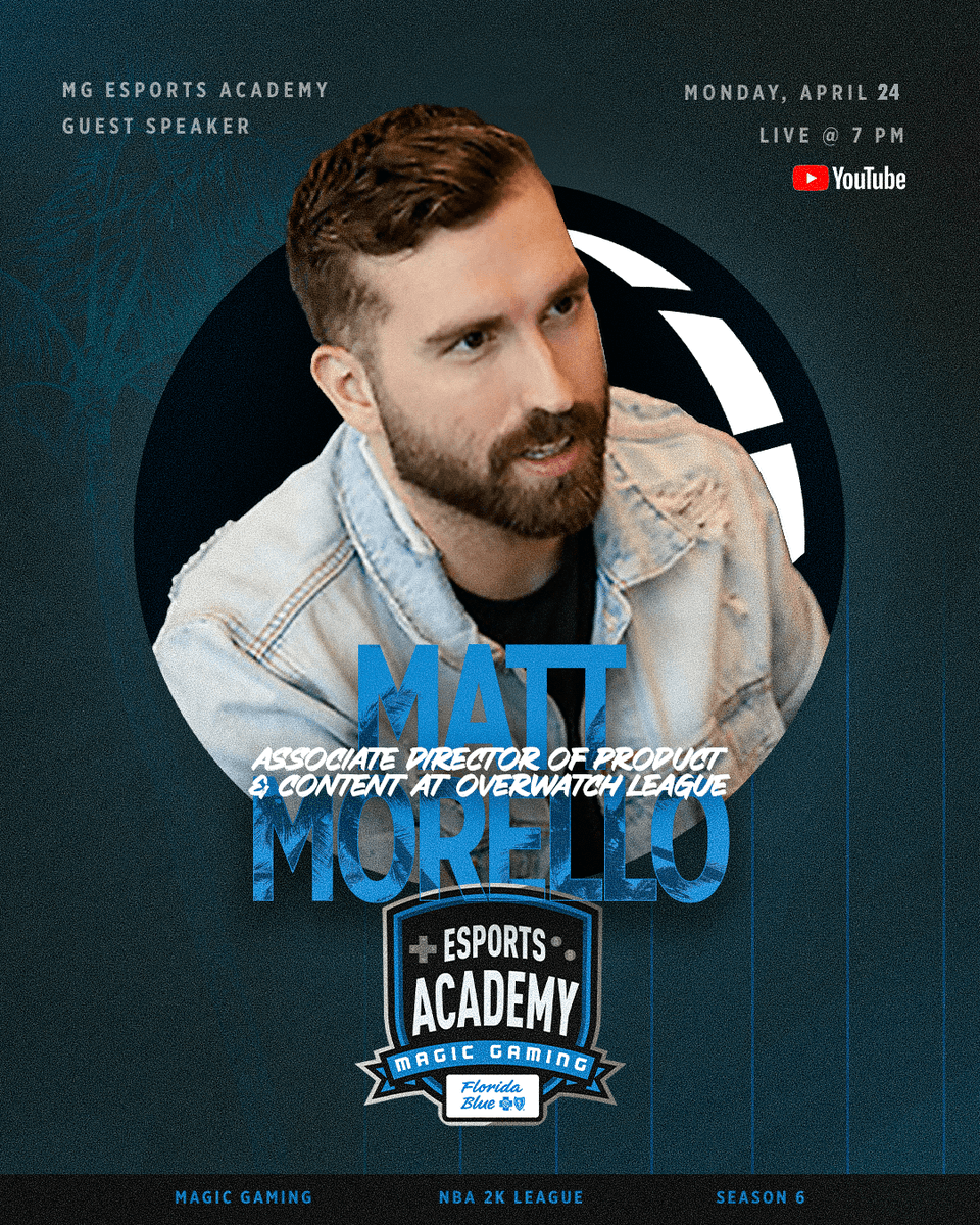 We're excited to announce <a href="/MattMrX/">Matt Morello</a> as our next Esports Academy guest speaker! 🙌 

Matt will join us live Monday, 04/24, at 7 PM EST on our YouTube channel! 🎥

Sign up for the <a href="/FLBlue/">Florida Blue</a> Magic Gaming Esports Academy here 👇
on.nba.com/3CzIhsI