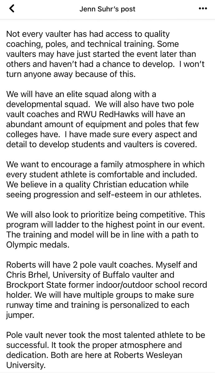 JennSuhr's tweet photo. Proud to announce I have accepted a coaching position at @RobertsWesleyan

Home of the @RobertsRedhawks in Rochester NY.

Returning to my Alma Mater to coach pole vault is really a full circle of life and I love it!  💫 https://t.co/XRDApkdX9d