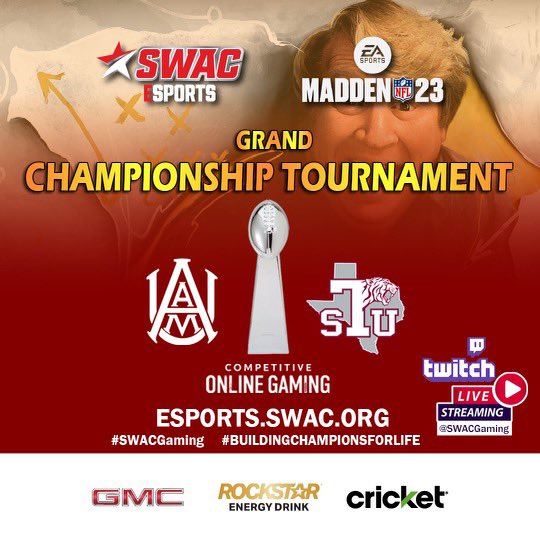 SWACEsports's tweet photo. The 2023 SWAC Esports Madden 23 championship game is here!! Alabama A&M vs Texas Southern! Tune in to https://t.co/p6xEwruyfq to see who clinches the championship and $1500 in scholarship money! #swacgaming https://t.co/znlLGSHdKm