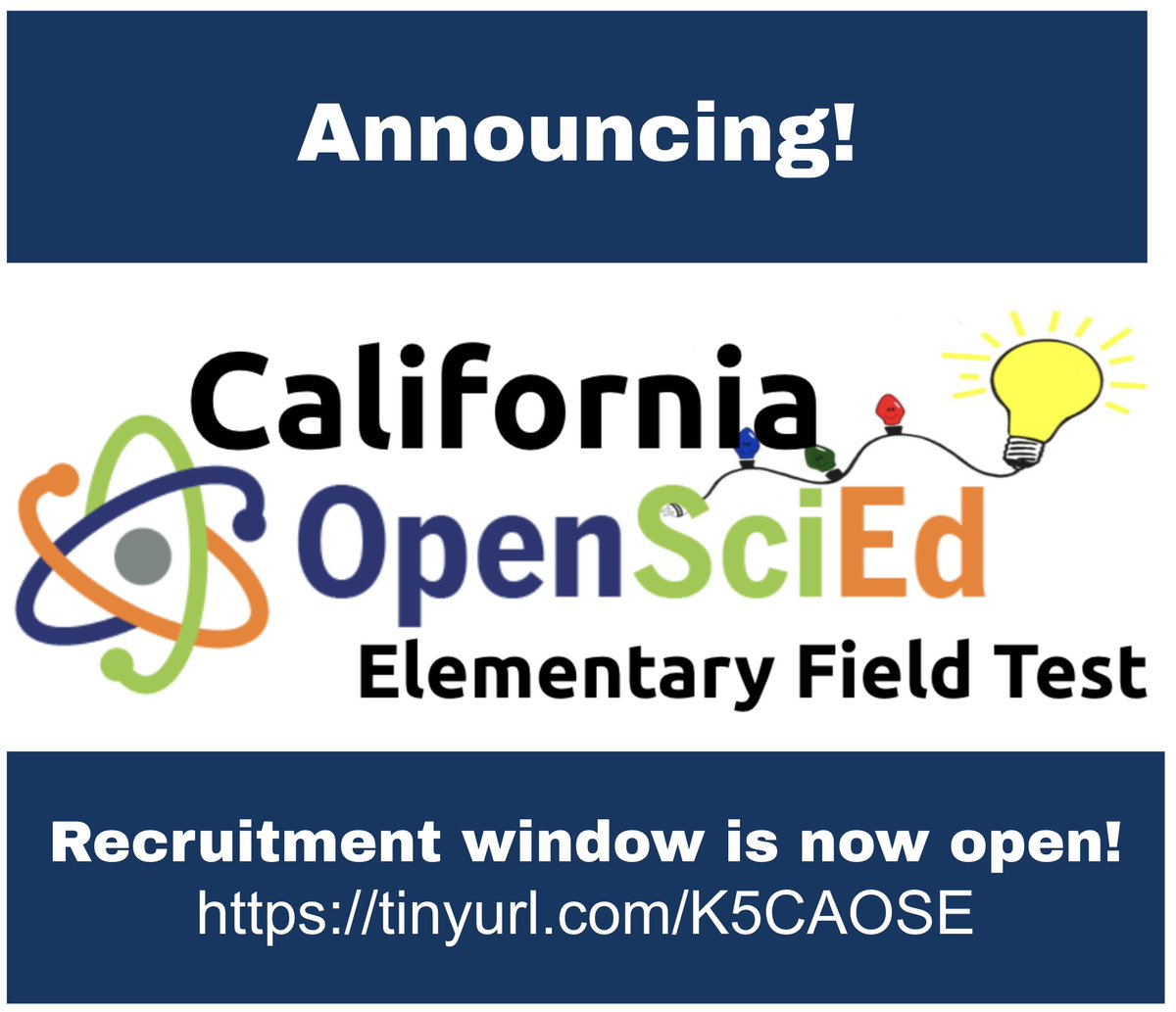 We are SO EXCITED to announce we are opening up our recruitment window for the California #OpenSciEd elementary field test and are looking for elementary schools/systems wanting to create equitable learning for their students - details at tinyurl.com/K5CAOSE #NGSS #CANGSS