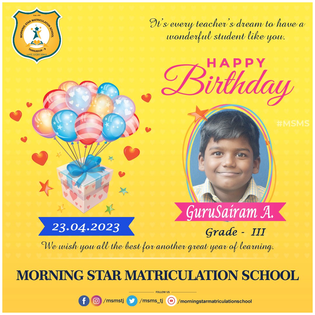 MSMS_TJ's tweet photo. Cheerful birthday to a genuinely dedicated student! A birthday is a day to celebrate your achievements, your accomplishments, and your future. Wishing the absolute best to you on your special day this year! 
Call/ WhatsApp: 7708005062
To know more visit: https://t.co/dP7ZXUDWQW https://t.co/5naHZLNYpN