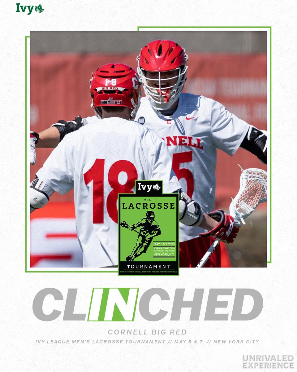 IvyLeague's tweet photo. BIG RED ➡️ BIG APPLE. 

@CornellLacrosse has punched its ticket to the 2023 Ivy League men's lacrosse tournament in New York City on May 5 &amp; 7. Cornell clinched a berth with a 16-9 win over Brown. 🌿⛳️ https://t.co/M7mxTIrqR0