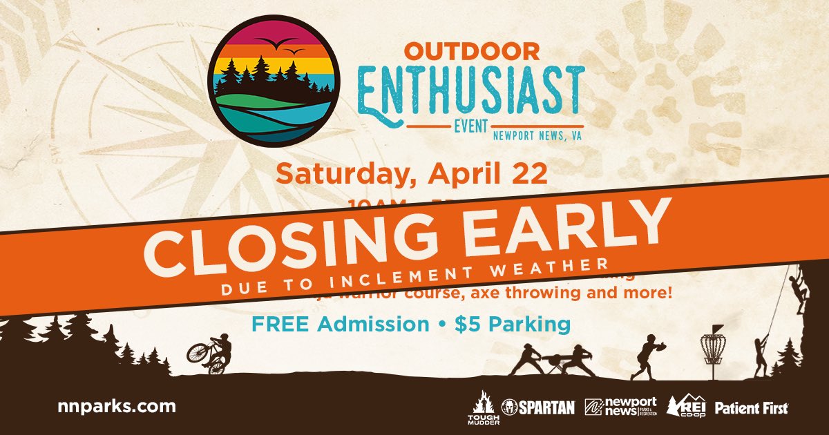 CityofNN's tweet photo. EVENT UPDATE ‼️ The Outdoor Enthusiast Event is closing now due to inclement weather. https://t.co/scDaZbh6Et