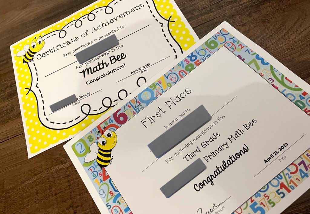 s_twkg's tweet image. キンダーから3年間、いつも決勝で負けて帰ってきていた9歳息子がついにMath Beeチャンピオンになった🥇毎年なんと言って元気づけようかと考えながらお迎えの車を運転していたのでほっ…😮‍💨
98×4を100×4やってから2×4を引くみたいなのを緊張の中思いついて速さを競うのが楽しいらしい。
#mathbee